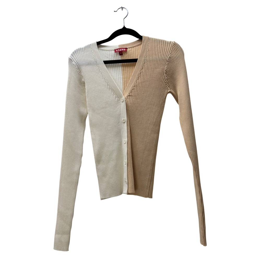 STAUD Bicolor Ribbed Knit Cardigan Tan Cream Colorblock V-Neck Sweater Size M